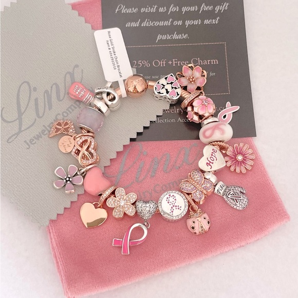 Linx Rose Gold Snake Chain Bracelet with Breast Cancer Awareness Themed Charms